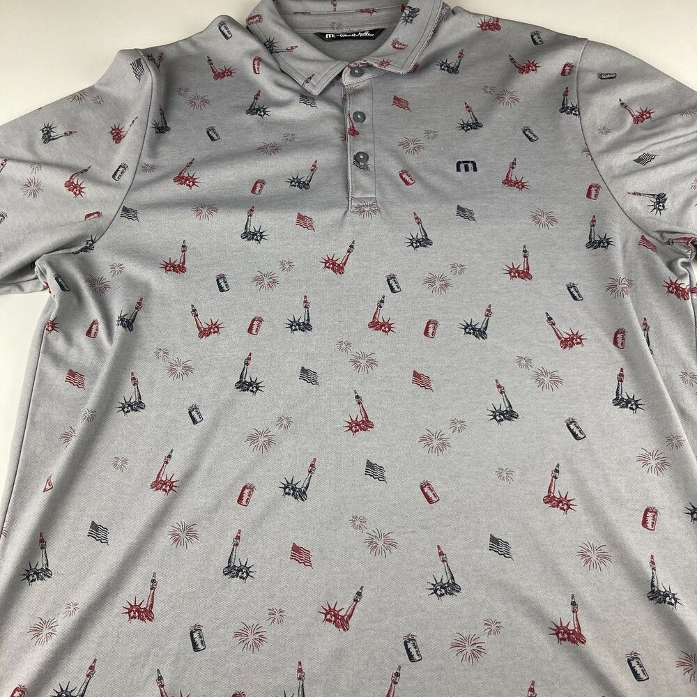 TravisMathew Mens XL Patriotic Polo Statue Liberty Fireworks USA Gray